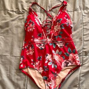 Red floral swimsuit